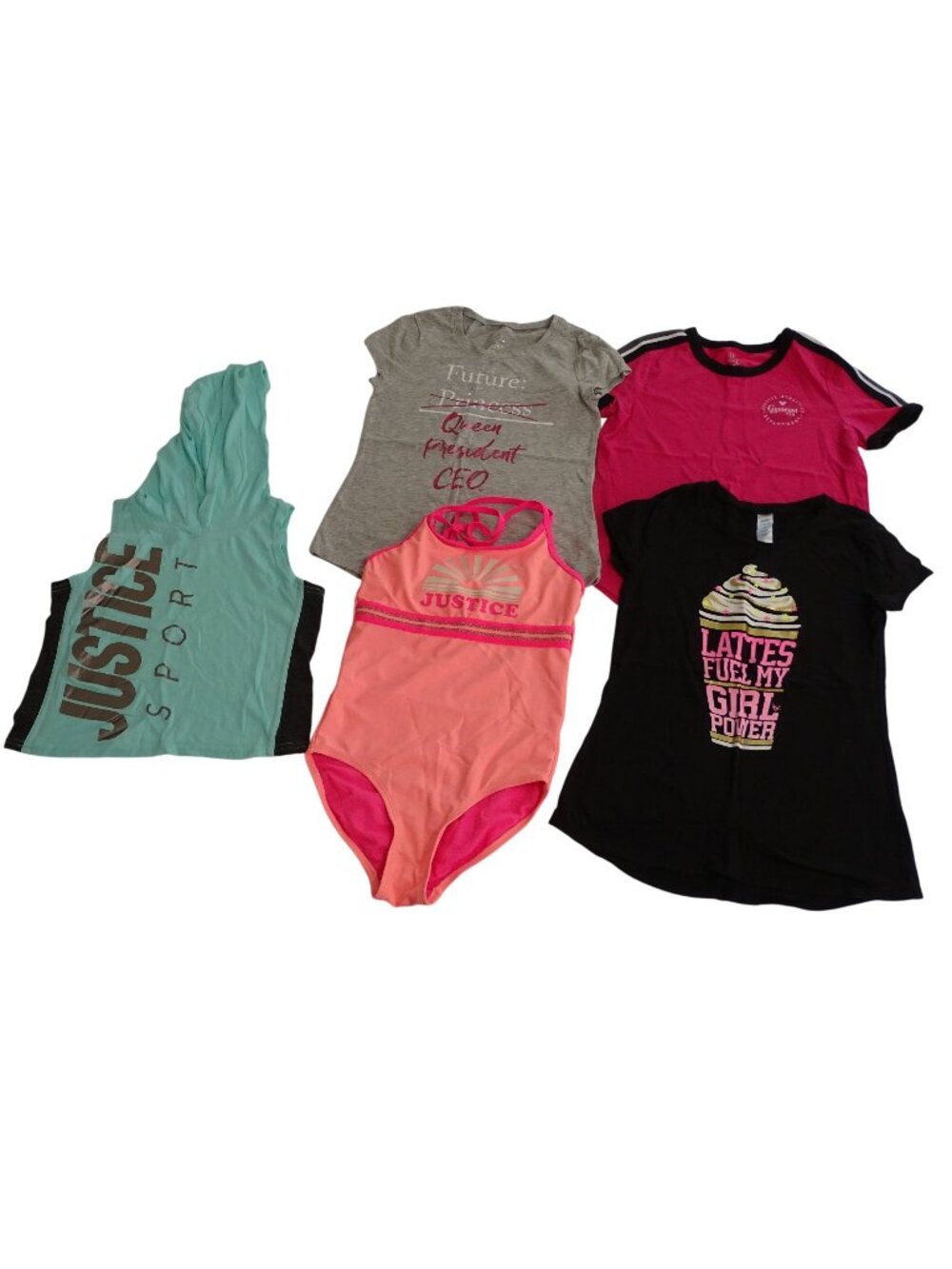 Lot of 5 Justice Activewear Sports Casual Wear Shirts and Swimsuit Girls Size 8
